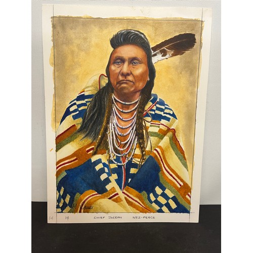 4 - Water colour and gouache painting of North American Indian Chief Joseph of the Nez Perce Tribe. The ... 