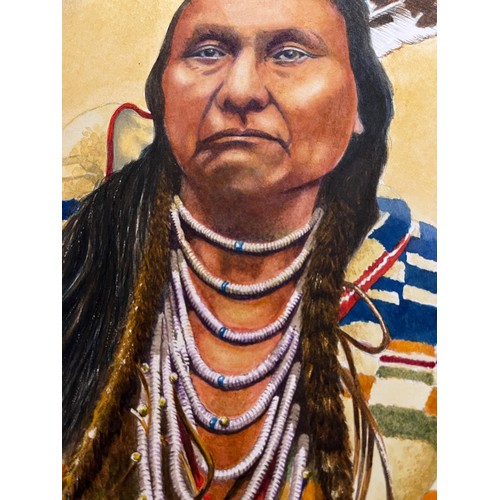 4 - Water colour and gouache painting of North American Indian Chief Joseph of the Nez Perce Tribe. The ... 