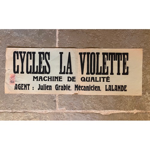 321 - Early C20th advertising poster for Edwardian cycle manufacturer Cycles La Violette. 63 cm x 21 cm


... 