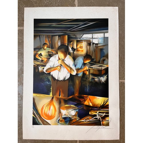 11 - Raymond Poulet french figurative abstract artist C20th, signed print of  glass blowers at work in a ... 