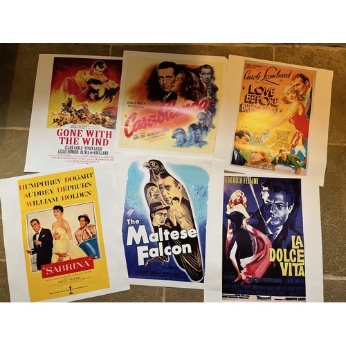 340 - Film posters, six quality prints of iconic movie posters, Gone With the Wind Casablanca, La Dolce Vi... 