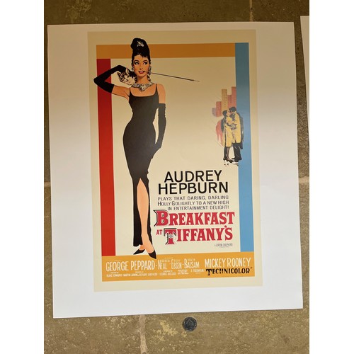 344 - Film posters, six quality prints of iconic movie posters, Breakfast at Tiffanys, Vertigo Clockwork O... 