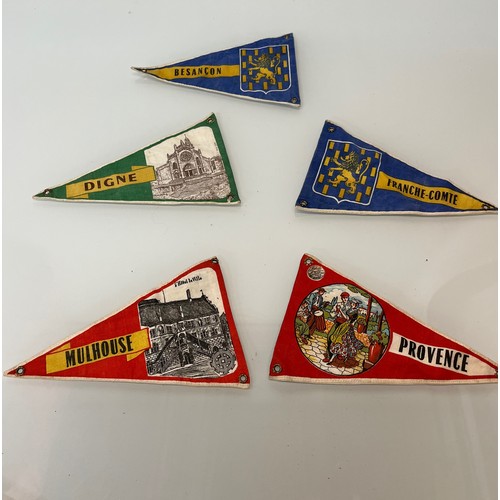 24 - Collection of five double sided cycling / motoring pennants, collected on a bicycle tour in the 1950... 