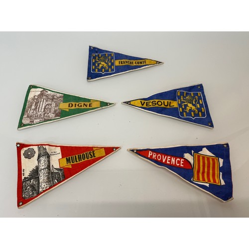 24 - Collection of five double sided cycling / motoring pennants, collected on a bicycle tour in the 1950... 