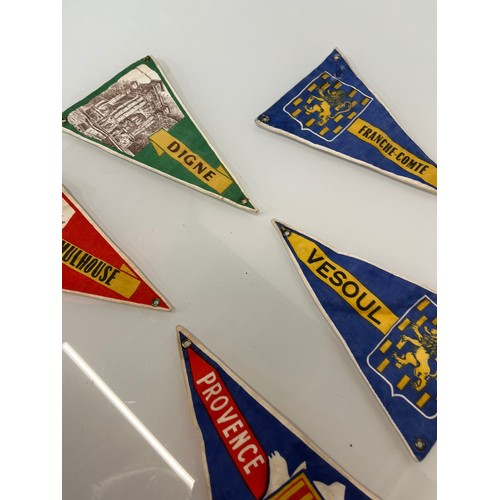 24 - Collection of five double sided cycling / motoring pennants, collected on a bicycle tour in the 1950... 