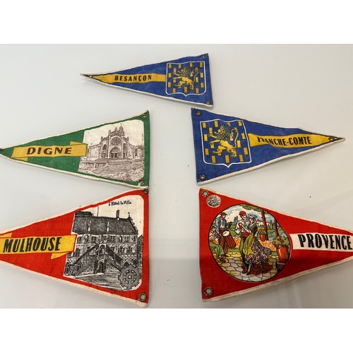 24 - Collection of five double sided cycling / motoring pennants, collected on a bicycle tour in the 1950... 