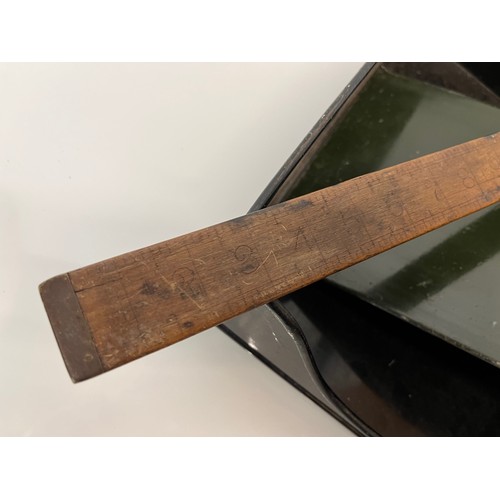 185 - Industrial storage, letter tray and clip board and a wooden ruler.

This lot is available for in-hou... 