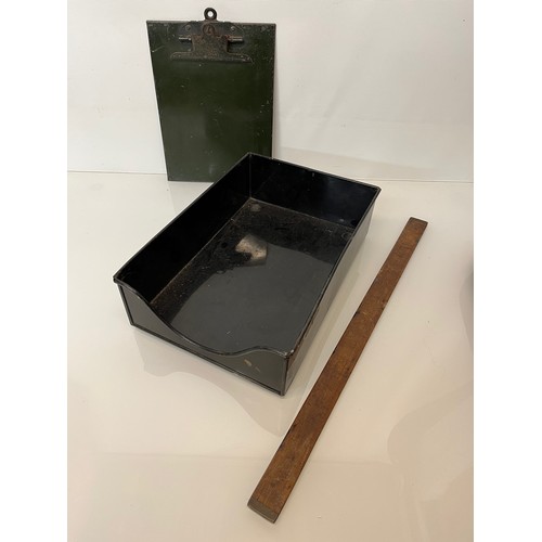 185 - Industrial storage, letter tray and clip board and a wooden ruler.

This lot is available for in-hou... 