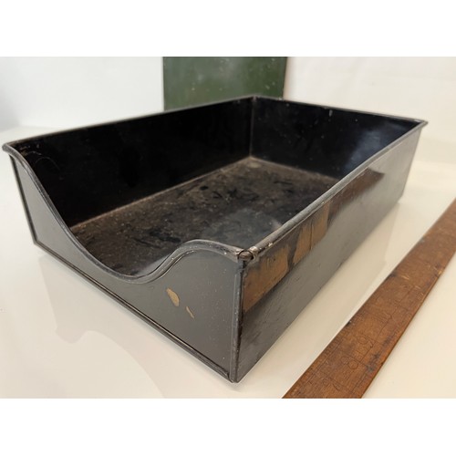 185 - Industrial storage, letter tray and clip board and a wooden ruler.

This lot is available for in-hou... 