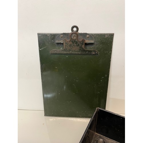 185 - Industrial storage, letter tray and clip board and a wooden ruler.

This lot is available for in-hou... 