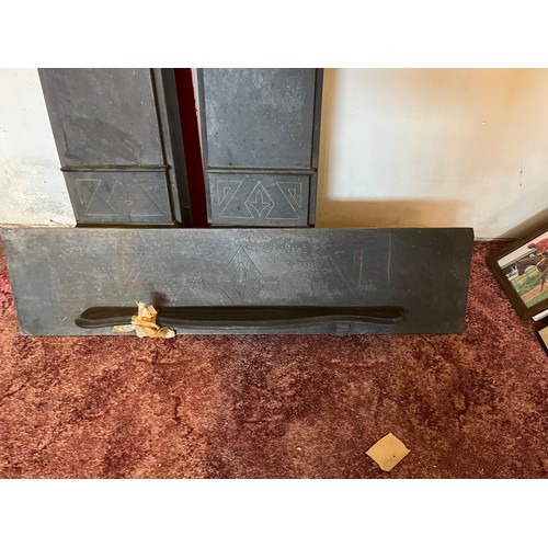 195 - Architectural salvage, a large slate mantle and fire surround with carved decoration 4 ft high and 4... 