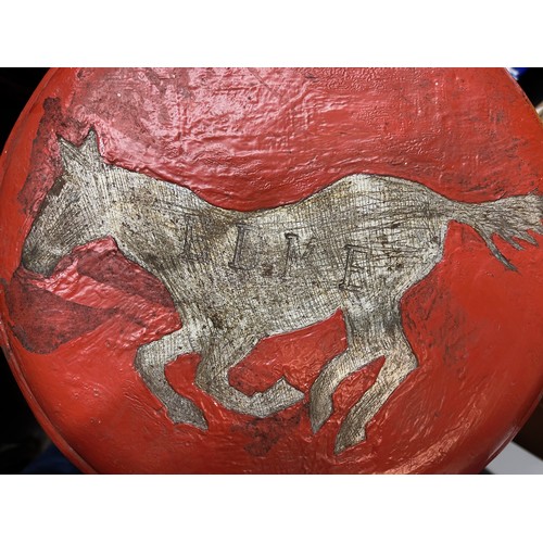 231 - Painted 12 inch diameter milk churn marked for Elme Ltd of Mistley Essex and decorated with a horse.... 