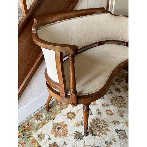 241 - Furniture, an upholstered kidney shaped Edwardian hall seat with inlaid decoration.

This lot is col... 