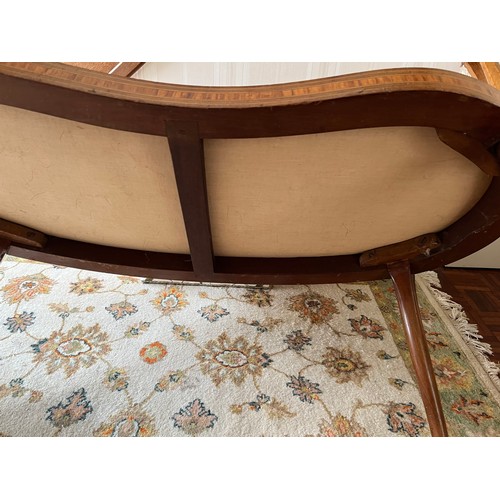 241 - Furniture, an upholstered kidney shaped Edwardian hall seat with inlaid decoration.

This lot is col... 