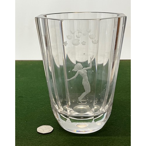 145 - Orrefors Art deco glass vase engraved with a naked figure of a woman giving the impression of floati... 