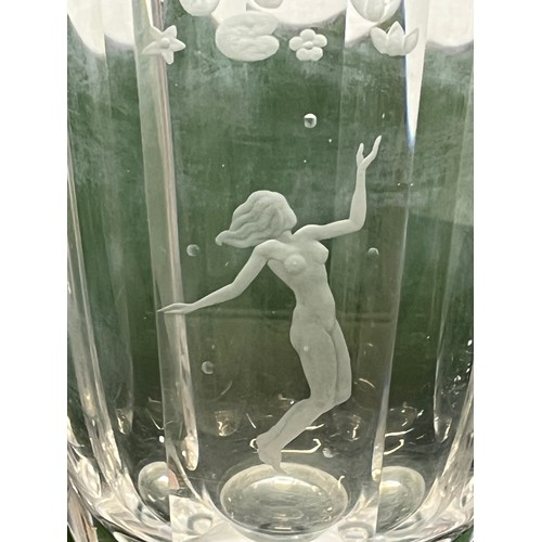 145 - Orrefors Art deco glass vase engraved with a naked figure of a woman giving the impression of floati... 