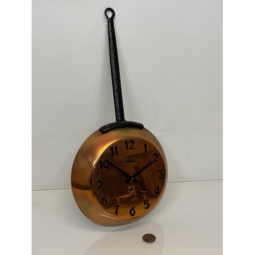 155 - Kiltchenalia, mechanical wall clock, a copper cooking pan form wall clock with art nouveau figures a... 