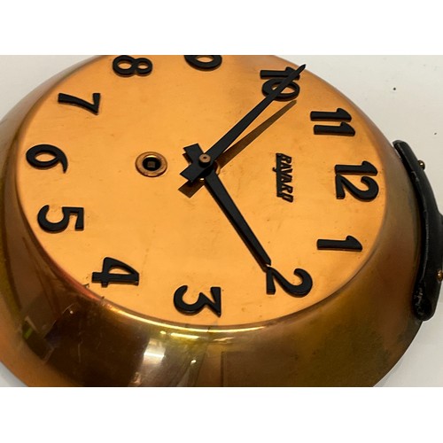 155 - Kiltchenalia, mechanical wall clock, a copper cooking pan form wall clock with art nouveau figures a... 