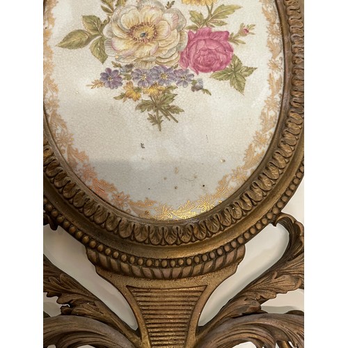 355 - Decorative lighting, large wall sconce cast in brass with decorated ceramic panel to the centre 69 c... 