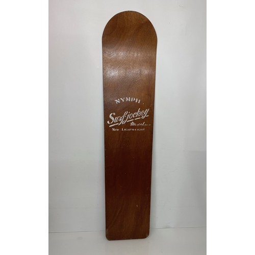 15 - 1960’s vintage wooden surf board, a Nymph Surf Jockey belly board, 120cm long.

This lot is availabl... 