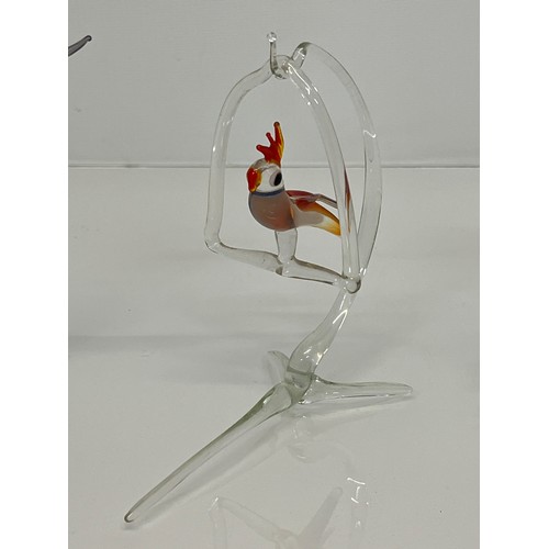 30 - Murano glass mid century coloured glass figurines, a Seagull and nest, a parrot on a swing perch and... 