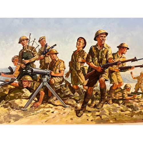 44 - Matchbox model kit original artwork, painting WWII British 8th Army soldiers box cover artwork showi... 