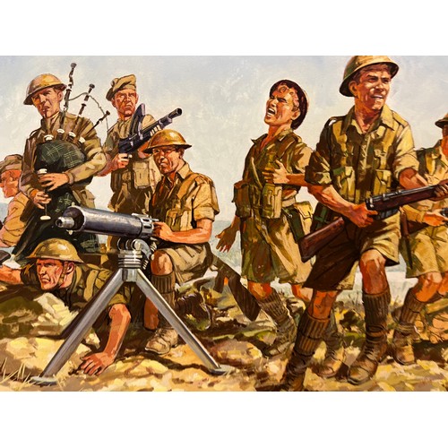 44 - Matchbox model kit original artwork, painting WWII British 8th Army soldiers box cover artwork showi... 