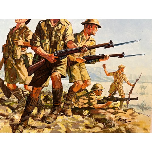 44 - Matchbox model kit original artwork, painting WWII British 8th Army soldiers box cover artwork showi... 