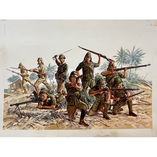 46 - Matchbox model kit original artwork, painting WWII Japanese Infantry soldiers box cover artwork show... 