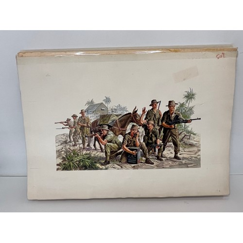 47 - Matchbox model kit original artwork, painting WWII Anzac Infantry soldiers box cover artwork showing... 