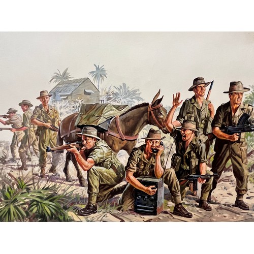 47 - Matchbox model kit original artwork, painting WWII Anzac Infantry soldiers box cover artwork showing... 