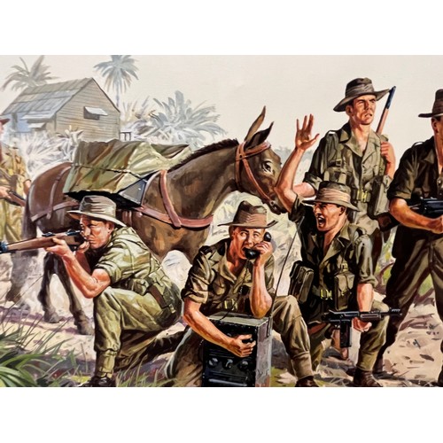 47 - Matchbox model kit original artwork, painting WWII Anzac Infantry soldiers box cover artwork showing... 