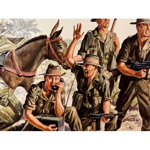 47 - Matchbox model kit original artwork, painting WWII Anzac Infantry soldiers box cover artwork showing... 