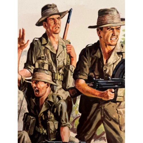 47 - Matchbox model kit original artwork, painting WWII Anzac Infantry soldiers box cover artwork showing... 