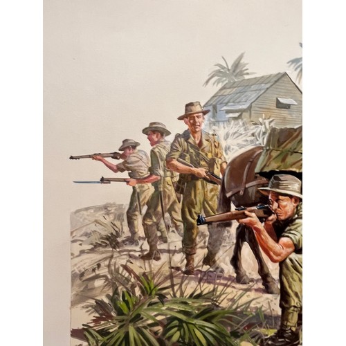 47 - Matchbox model kit original artwork, painting WWII Anzac Infantry soldiers box cover artwork showing... 