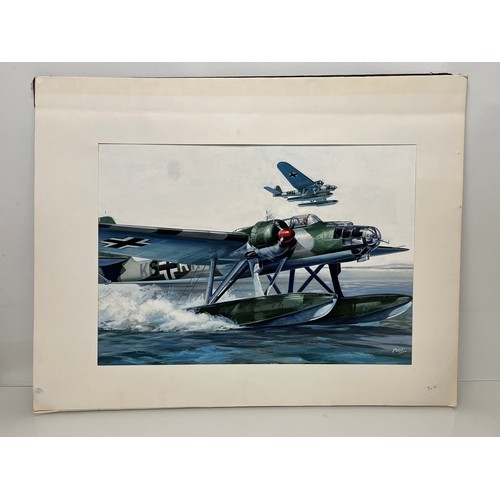 49 - Matchbox model kit original artwork, German Navy aircraft, a painting of a WWII Heinkel 115, box cov... 