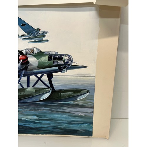 49 - Matchbox model kit original artwork, German Navy aircraft, a painting of a WWII Heinkel 115, box cov... 