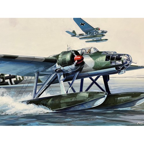 49 - Matchbox model kit original artwork, German Navy aircraft, a painting of a WWII Heinkel 115, box cov... 