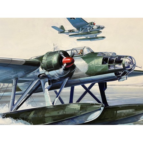 49 - Matchbox model kit original artwork, German Navy aircraft, a painting of a WWII Heinkel 115, box cov... 