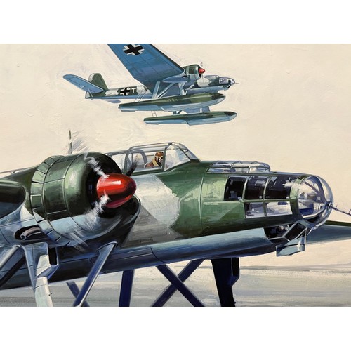 49 - Matchbox model kit original artwork, German Navy aircraft, a painting of a WWII Heinkel 115, box cov... 