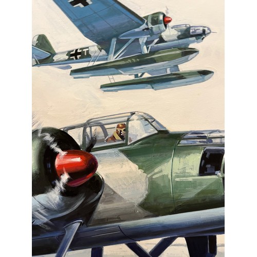 49 - Matchbox model kit original artwork, German Navy aircraft, a painting of a WWII Heinkel 115, box cov... 