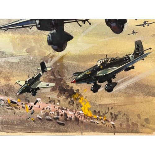 54 - Original book cover design for Once More the Hawks, a scene showing Stuka dive bombers supporting Ge... 