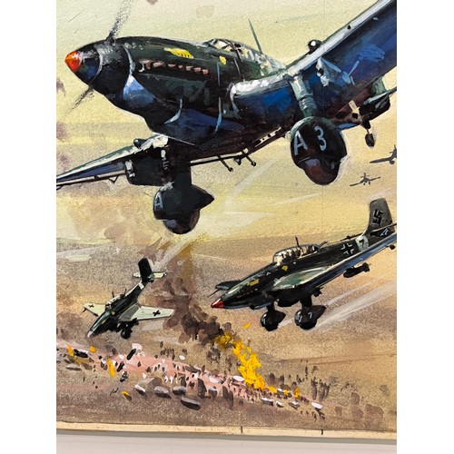 54 - Original book cover design for Once More the Hawks, a scene showing Stuka dive bombers supporting Ge... 