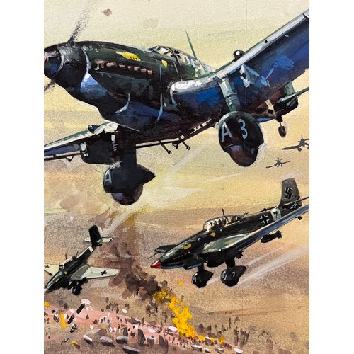 54 - Original book cover design for Once More the Hawks, a scene showing Stuka dive bombers supporting Ge... 