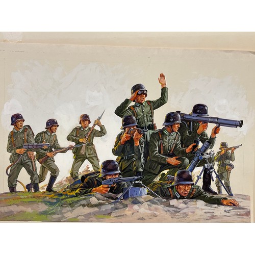 55 - Matchbox model kit original artwork, painting WWII German Infantry soldiers box cover artwork showin... 