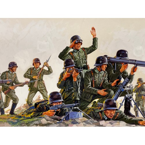 55 - Matchbox model kit original artwork, painting WWII German Infantry soldiers box cover artwork showin... 