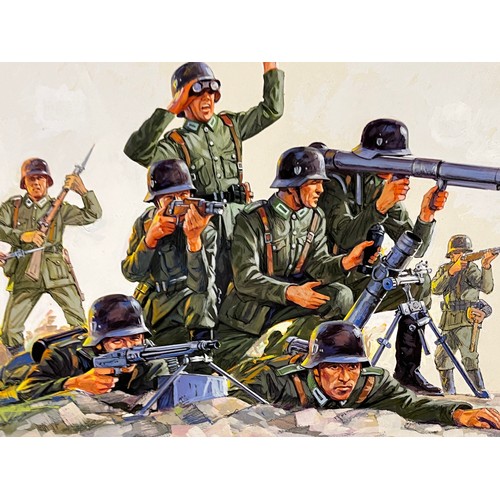 55 - Matchbox model kit original artwork, painting WWII German Infantry soldiers box cover artwork showin... 