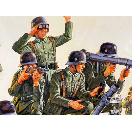 55 - Matchbox model kit original artwork, painting WWII German Infantry soldiers box cover artwork showin... 