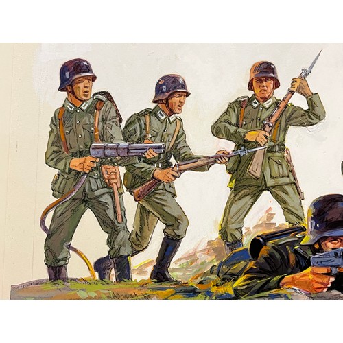 55 - Matchbox model kit original artwork, painting WWII German Infantry soldiers box cover artwork showin... 