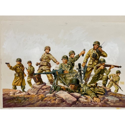 56 - Matchbox model kit original artwork, painting WWII American Infantry soldiers box cover action scene... 